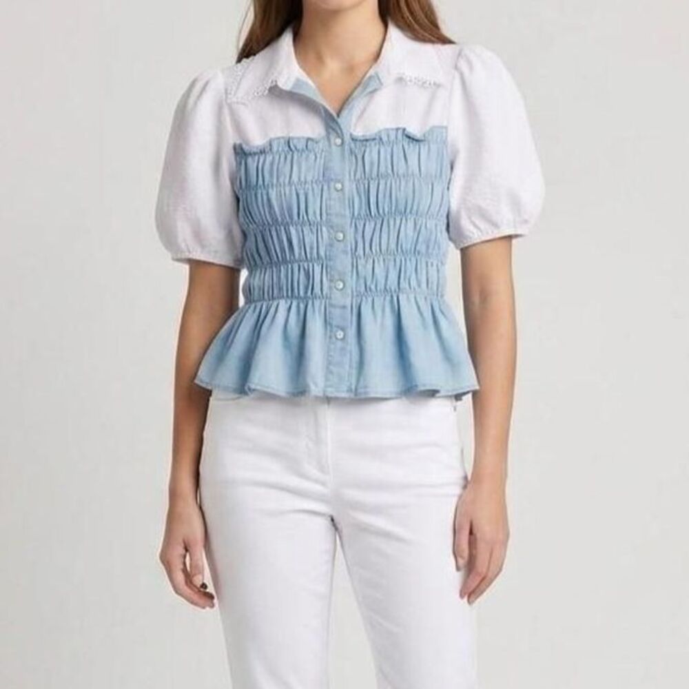 Alice Blue Smocked Denim & White Lace Collar Puff Sleeve Peplum Top Small Y2K